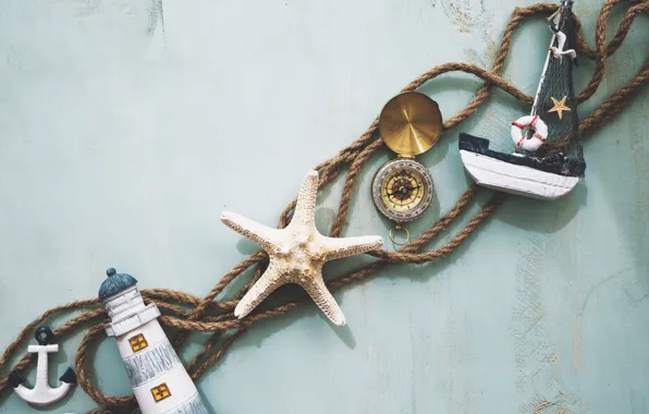 Summer, background, rope, boat, compass, Morska Zvezda, sea, anchor