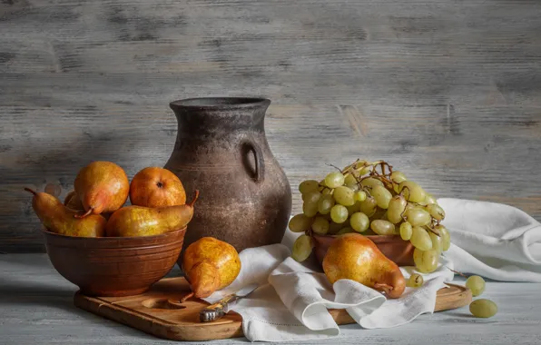 Picture grapes, pitcher, still life, pear