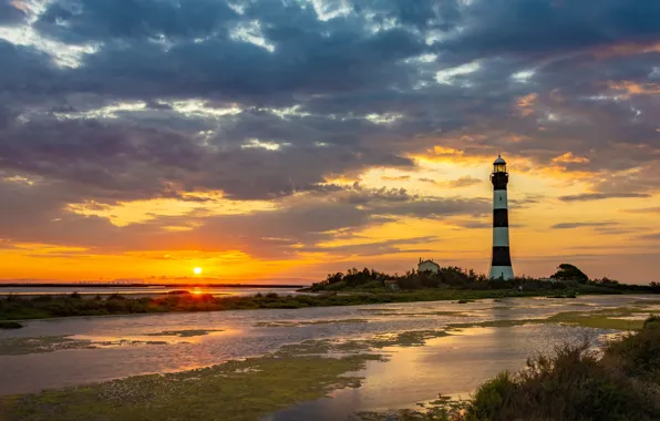 Sea, the sky, the sun, clouds, rays, landscape, sunset, shore