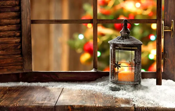 Snow, holiday, tree, window, lantern