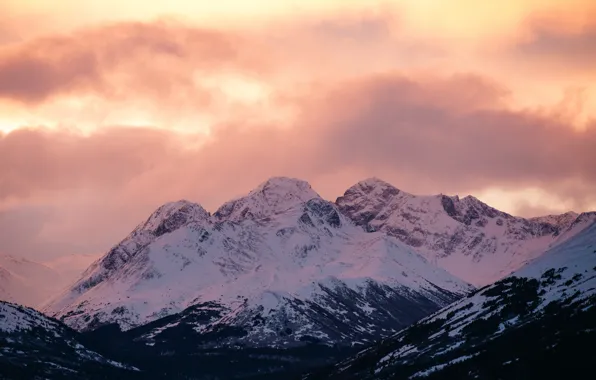 Picture winter, the sky, snow, trees, mountains, nature, rocks, the evening