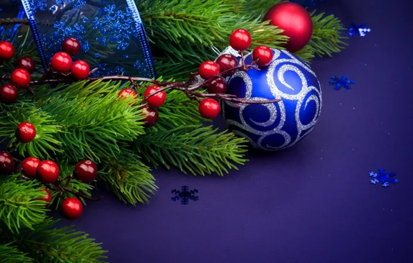 Tape, Balls, Christmas, New year, Decoration, Holiday, blue background, Fir-tree branches