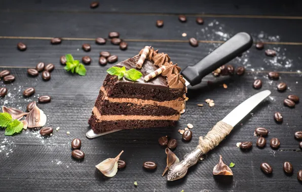 Decoration, cake, cream, wood, coffee beans, chocolate