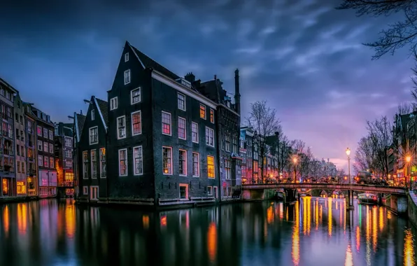 Water, night, bridge, lights, house, the building, Windows, home