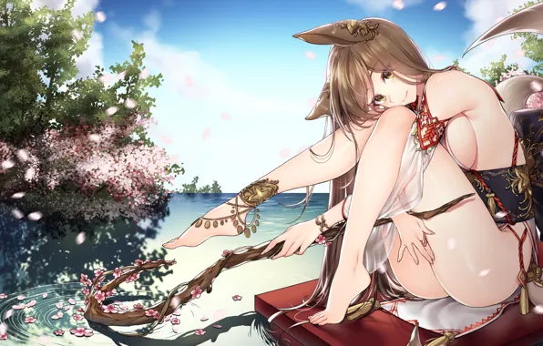 Water, girl, flowers, feet, anime