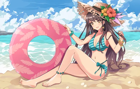 Girl, sexy, beach, long hair, sea, boobs, anime, beautiful