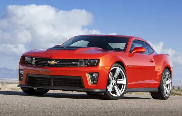 Picture the sky, clouds, red, Chevrolet, muscle car, camaro, chevrolet, the front