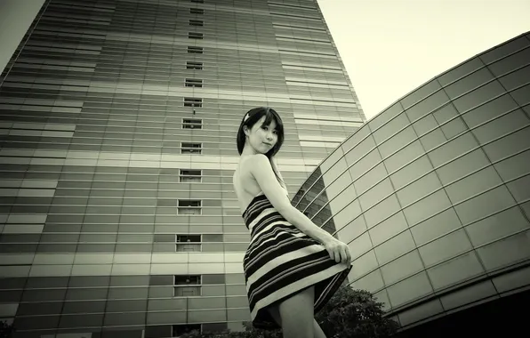 Girl, the city, dress, skyscrapers