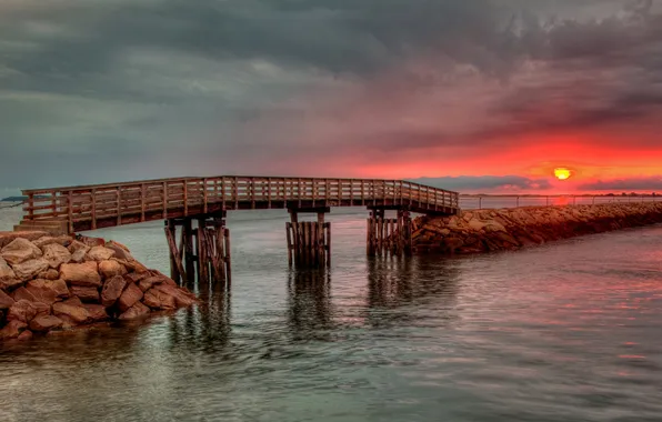 The sky, the sun, clouds, sunset, pier, glow, the bridge, harbour