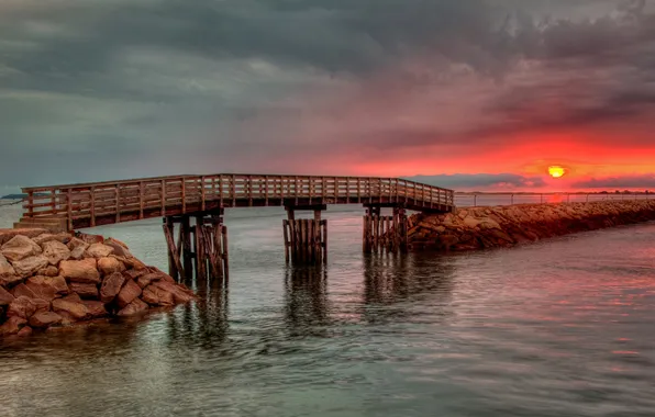 Picture the sky, the sun, clouds, sunset, pier, glow, the bridge, harbour