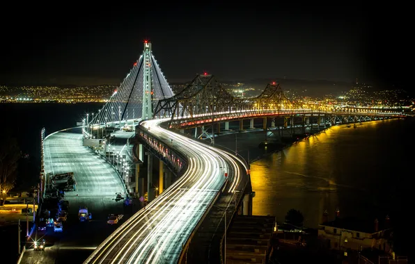 Picture night, bridge, lights, Bay, USA, San Francisco