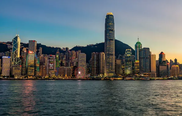 Sea, the sky, sunset, mountains, lights, coast, home, Hong Kong
