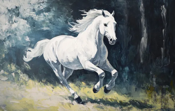 Forest, white, nature, fog, horse, horse, running, horse