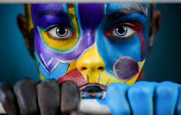 Look, girl, face, hands, colorful, paint, Ivan Kovalev