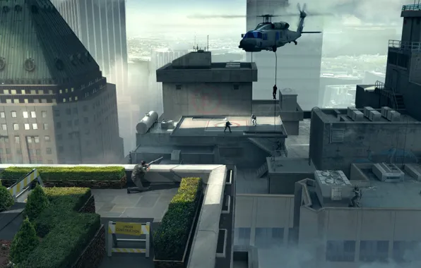 The city, building, roof, helicopter, John Wick VR Sniper Shot