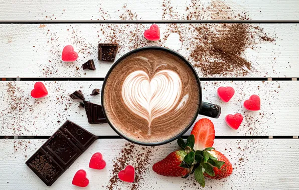 Coffee, chocolate, strawberry, Cup, cappuccino, chocolate, strawberry, coffee