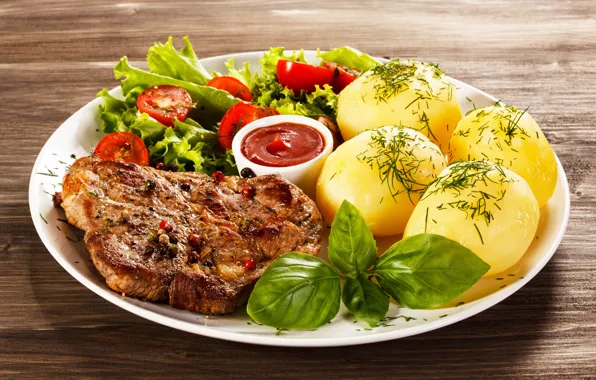 Picture meat, tomatoes, sauce, tomatoes, salad, tomatoes, potatoes, meat