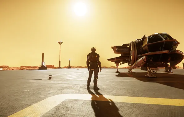 The sun, sunset, pilot, armor, spaceship, Star Citizen