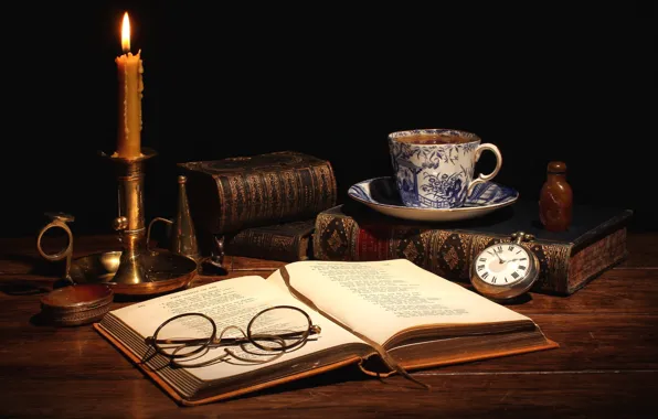 Tea, watch, books, candle, glasses, Cup, still life