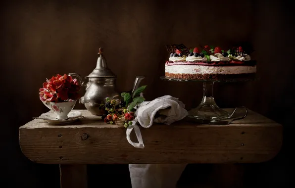 Flowers, style, berries, Cup, cake, still life