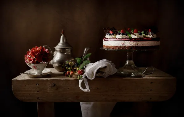 Flower, style, berries, Cup, cake, still life