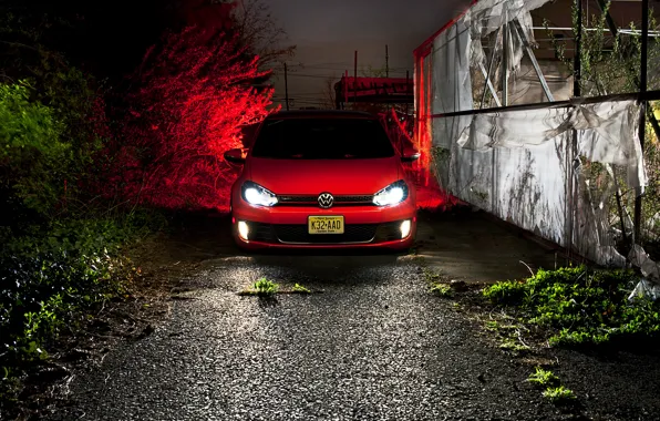 Night, red, volkswagen, before, red, Golf, golf, gti