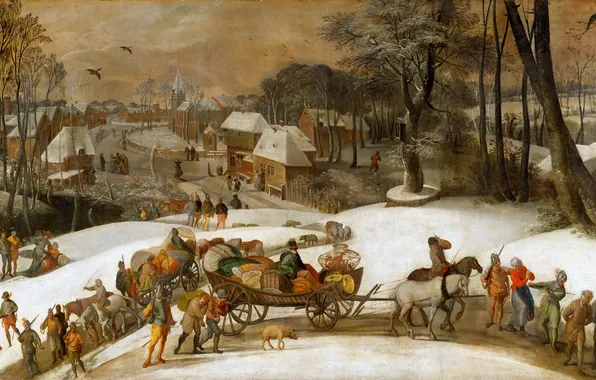 Trees, landscape, people, home, picture, canvas, Gillis Mostaert, Military expedition in winter