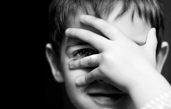 Eyes, smile, child, hand, boy, black and white