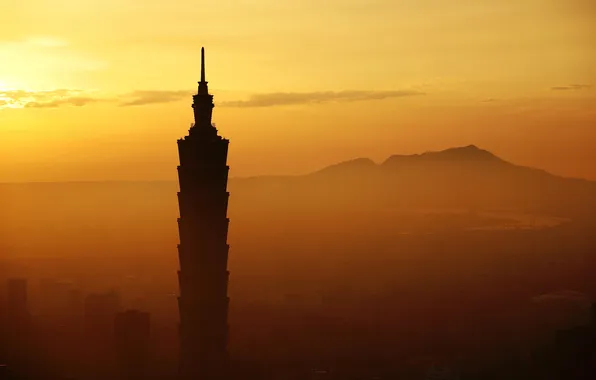 The sky, sunset, mountains, tower, Taiwan, Taipei, taipei