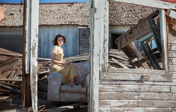 Girl, house, ruins