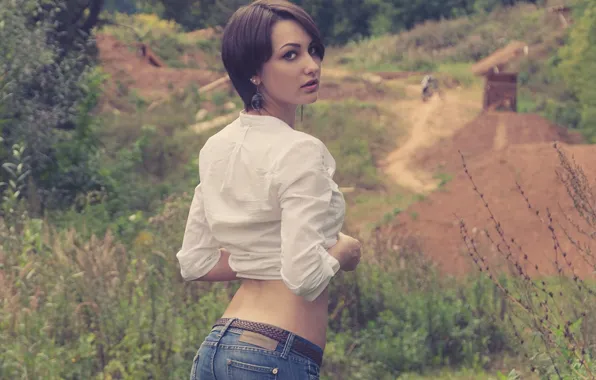 Road, field, ass, eyes, look, face, pose, hills