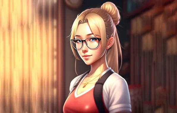 Picture light, girl, anime, room, look, blonde, rendering, glasses