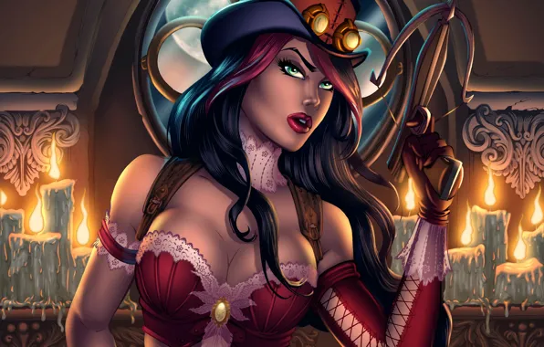 Chest, girl, hat, art, glasses, hunter, crossbow, helsing