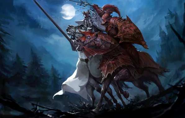 Moon, fantasy, forest, armor, trees, night, horses, battle