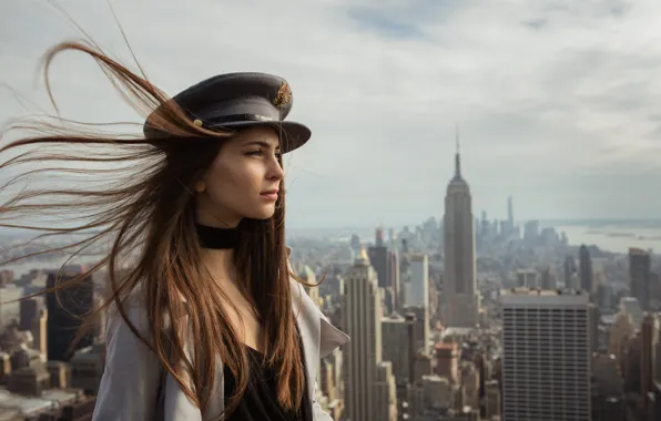 Picture girl, face, the city, the wind, hair, profile, cap, Laura