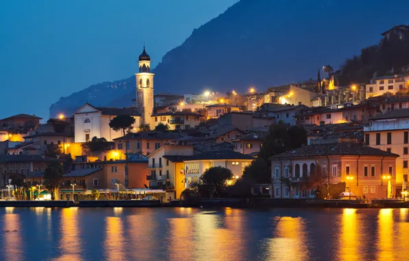 Picture lake, building, home, Italy, night city, promenade, Italy, Lombardy