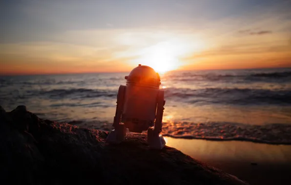 Sea, the sky, dawn, robot, star wars, R2-D2