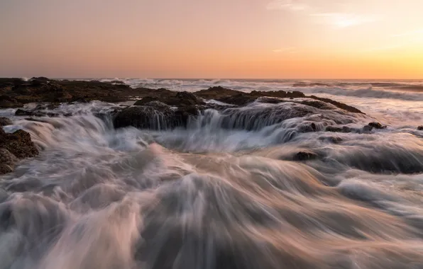 Sea, the sky, shore, waterfall, whirlpool