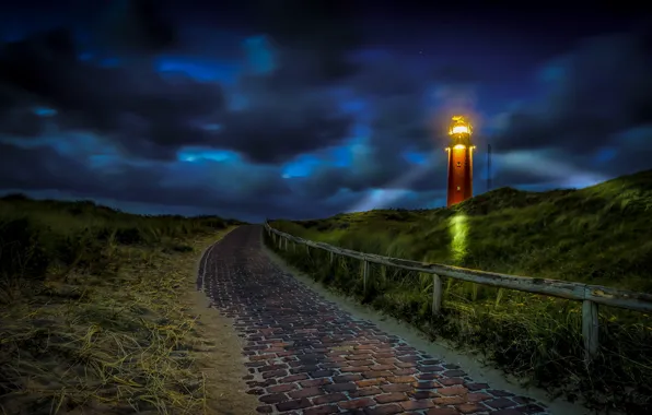 Road, night, lighthouse