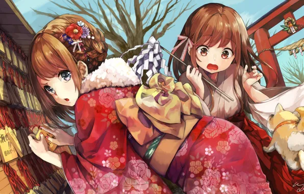 Holiday, girls, anime, art, yucata, pomujoynet1