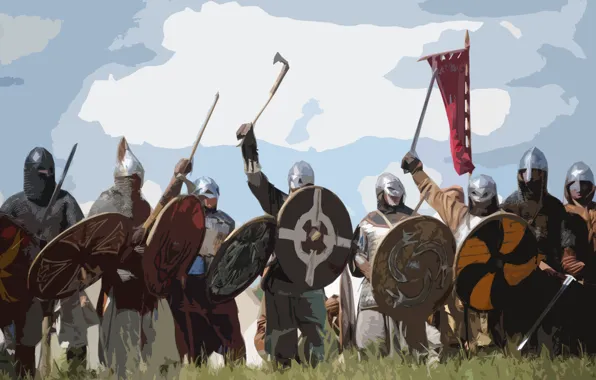 The sky, grass, sword, helmet, axe, shield, banner, The Vikings