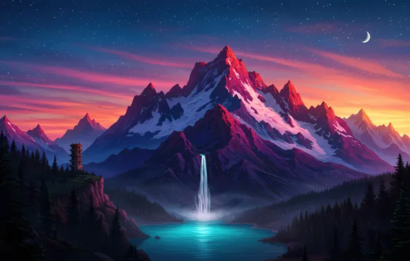 Sunset, mountains, lake, waterfall, sunset, mountains, lake, waterfall