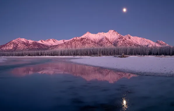 Picture winter, forest, mountains, reflection, river, the moon