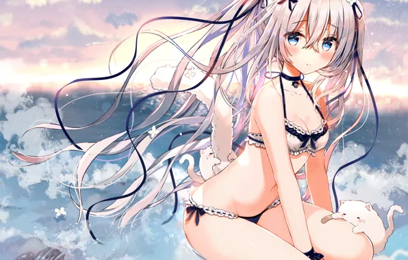 Girl, sexy, cleavage, beach, long hair, sea, boobs, anime