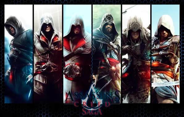 The inscription, collage, the game, characters, Assassin's Creed
