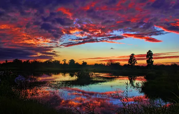 The sky, clouds, trees, lake, reflection, glow