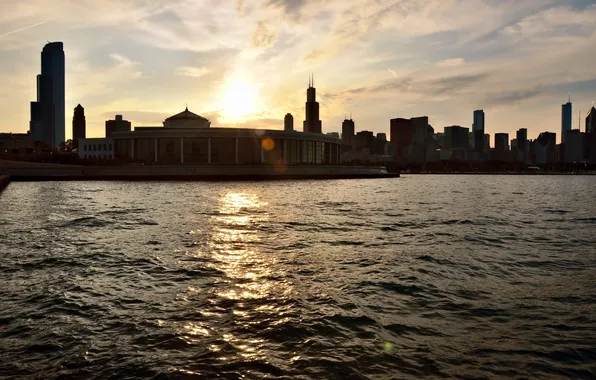 The city, dawn, skyscrapers, Chicago, Michigan