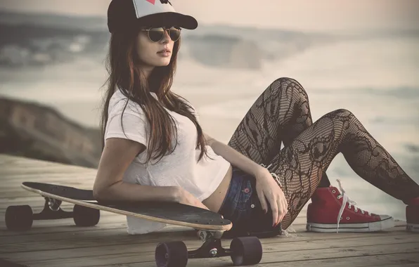 Picture look, girl, shorts, sneakers, glasses, cap, tights, skateboard