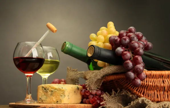 Wine, cheese, glasses, bottle, bunches of grapes