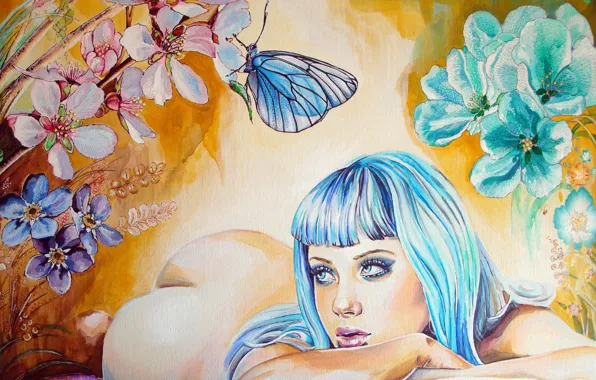 Ass, look, girl, flowers, face, butterfly, hands, lies